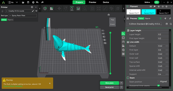 Creality print bed preview with whale model