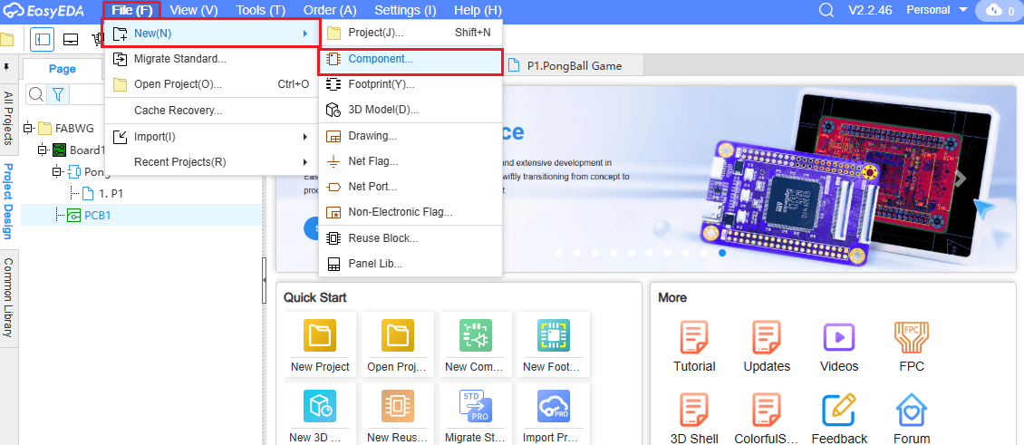 EasyEDA home page and create component option