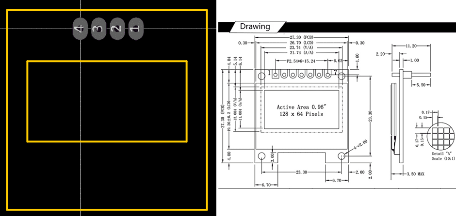 Comparison between SSD1306 footprint and dimensional drawing