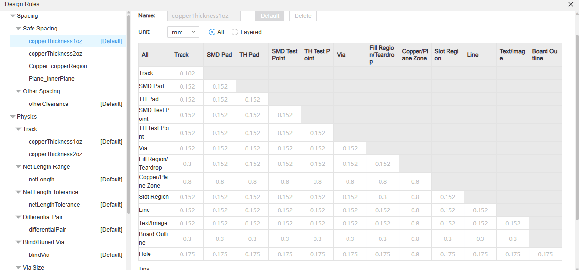 EasyEDA track width configuration