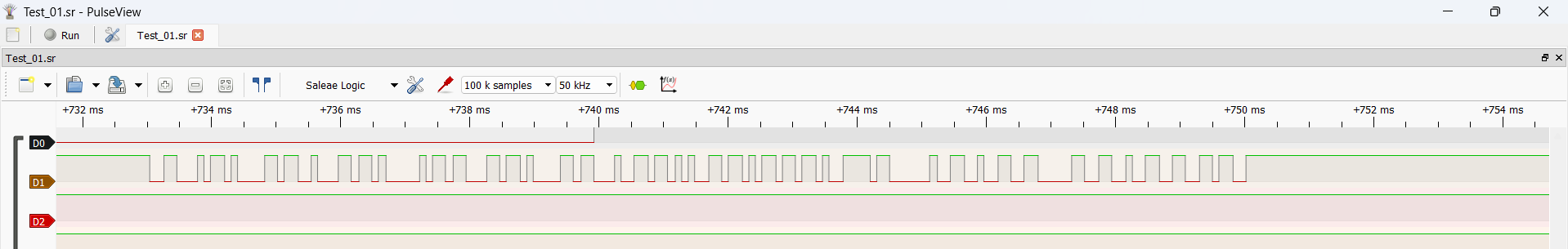 PulseView capture showing a digital pulse and serial signal