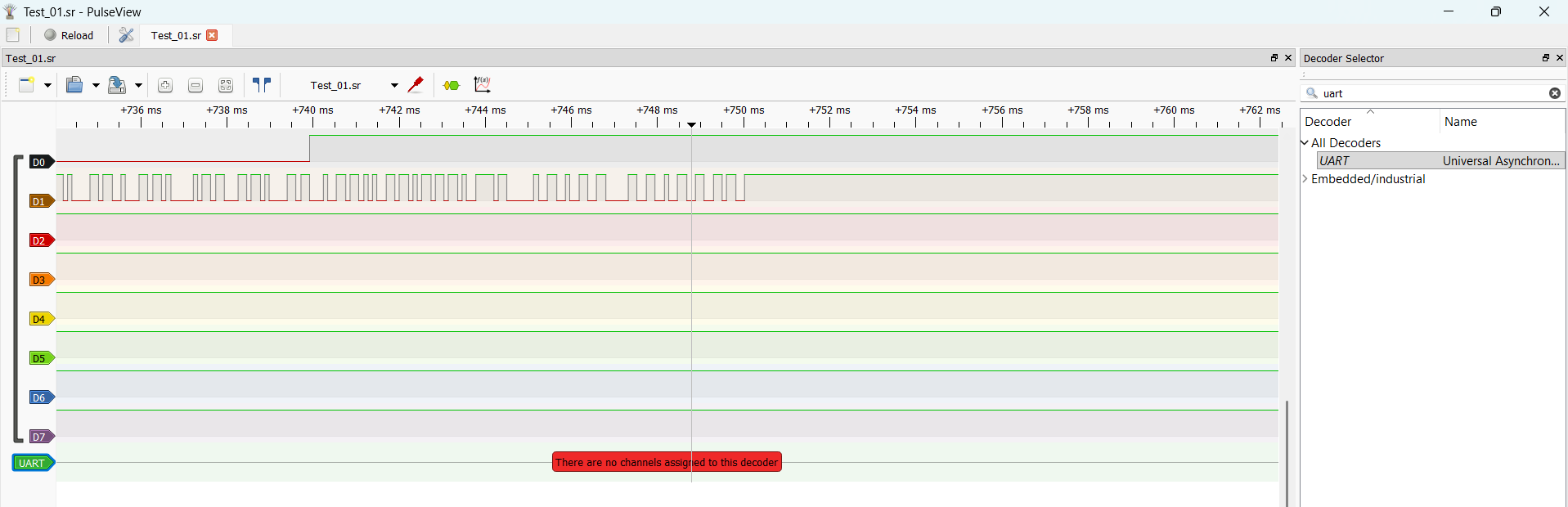 PulseView interface with UART decoder added