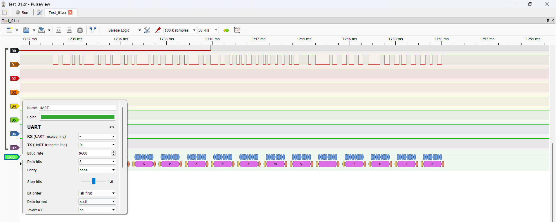 UART decoder configured in PulseView showing ASCII data