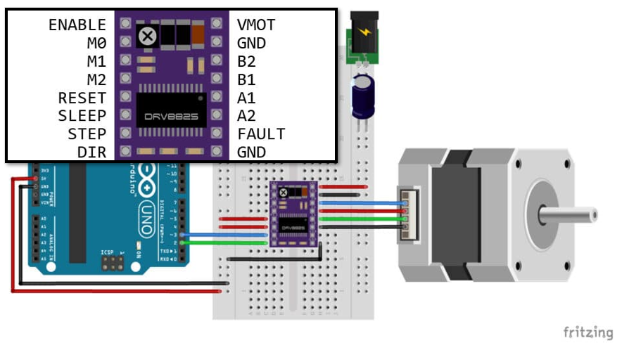 Arduino UNO, DRV8825 driver, and NEMA 17 stepper motor wiring diagram