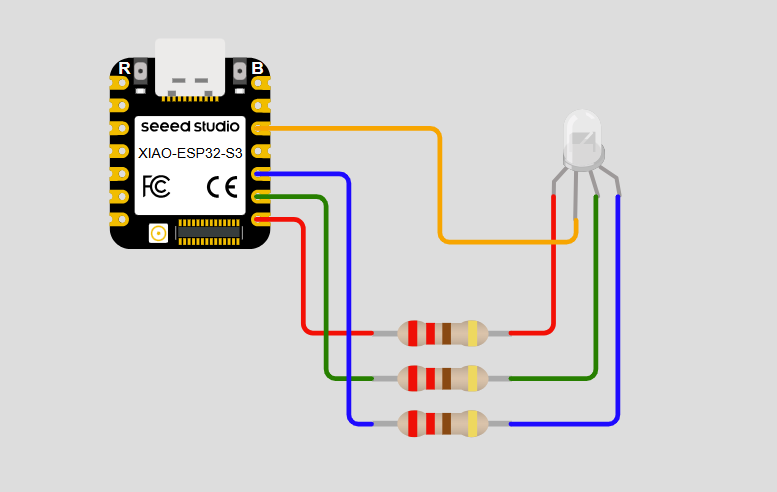 XIAO ESP32-S3 connected to an RGB LED with resistors