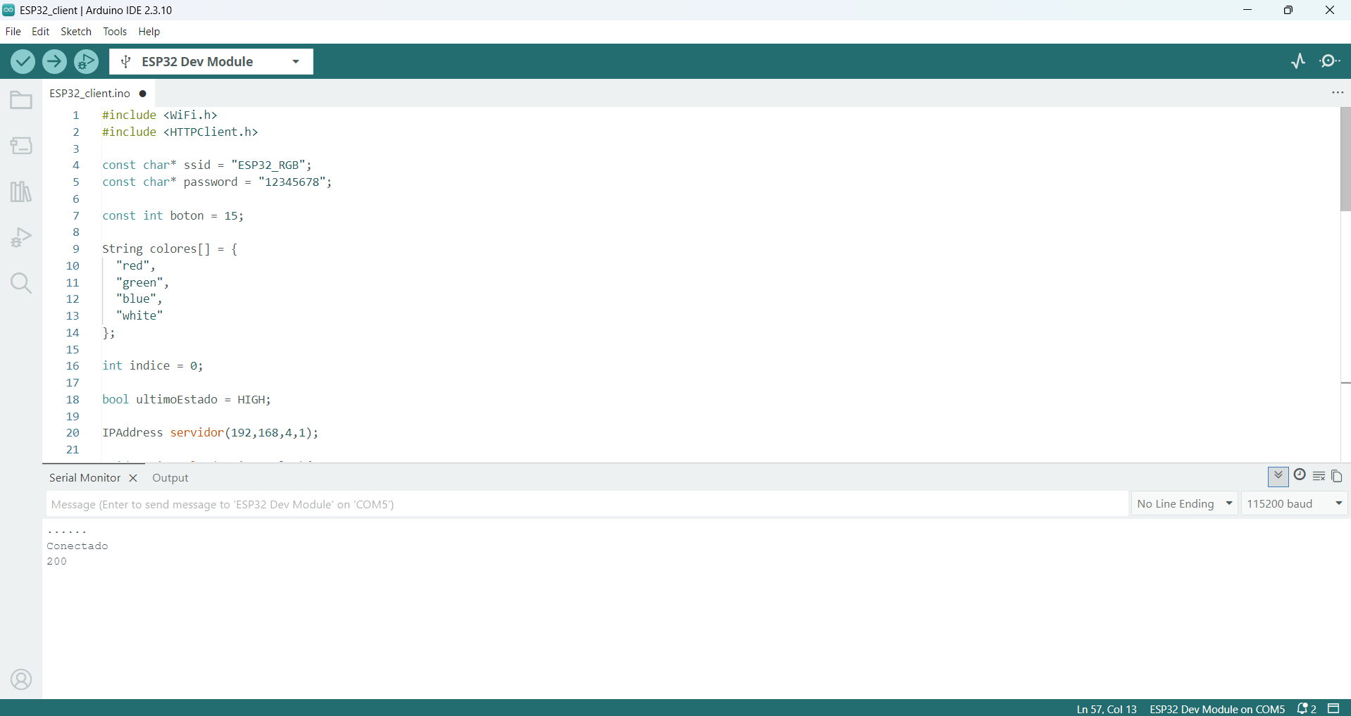 Arduino IDE showing the ESP32 client connected and ready to send messages