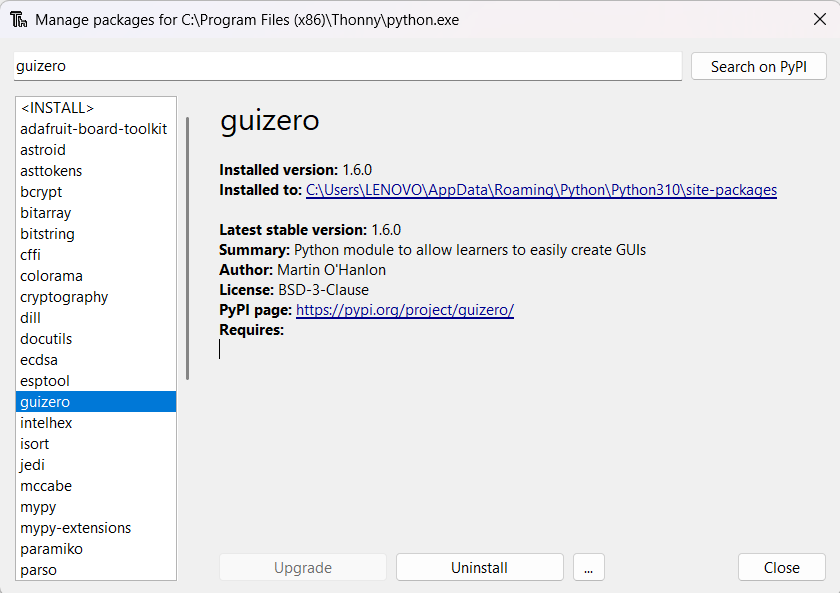 Guizero package installed from Thonny package manager