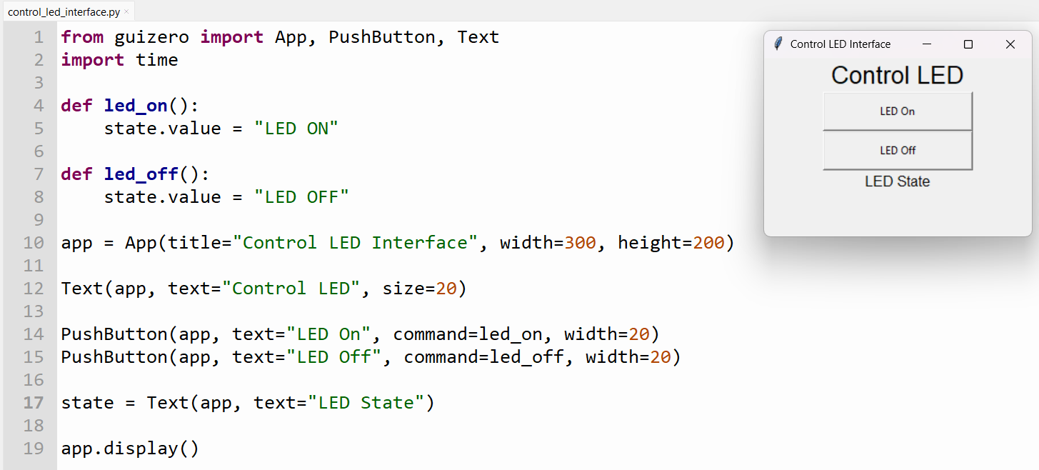 First Guizero LED control interface running in Thonny