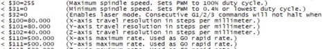 Title: image30.png - Description: The $$ setting dump on the Coloured Plotter — steps/mm, max rate, acceleration.