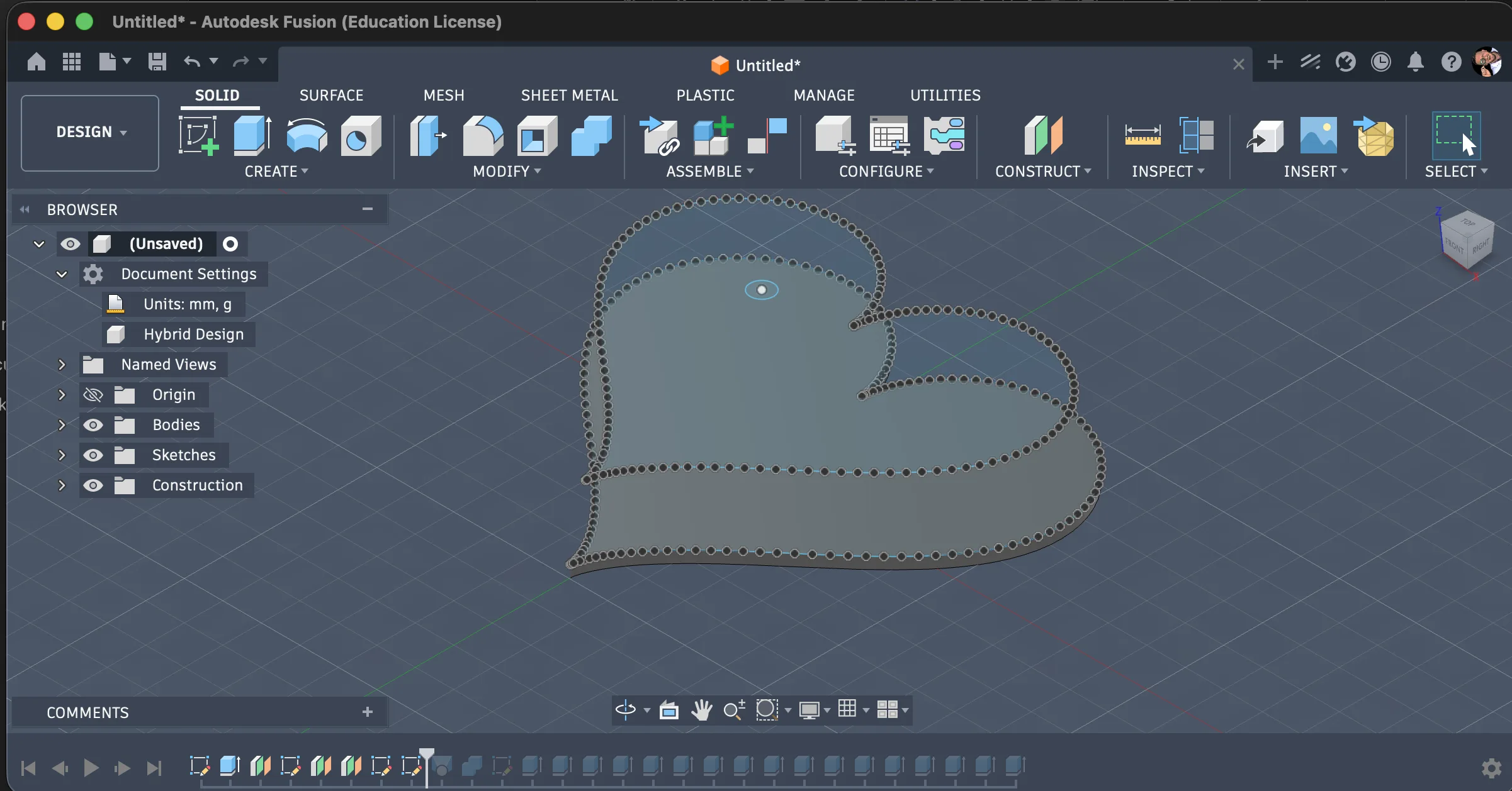 Fusion 360 view of the heart frame and organic openings