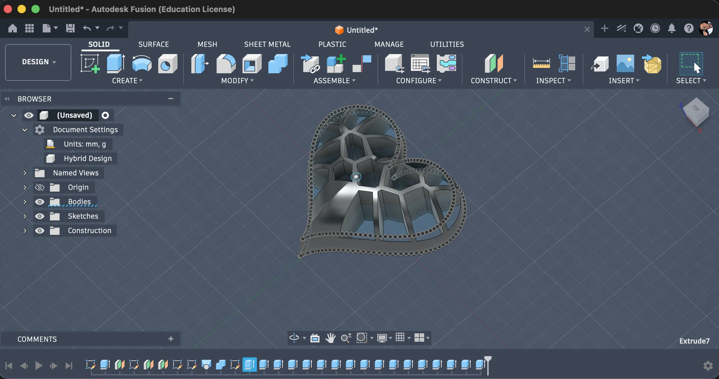 Fusion 360 design view showing the side and support geometry