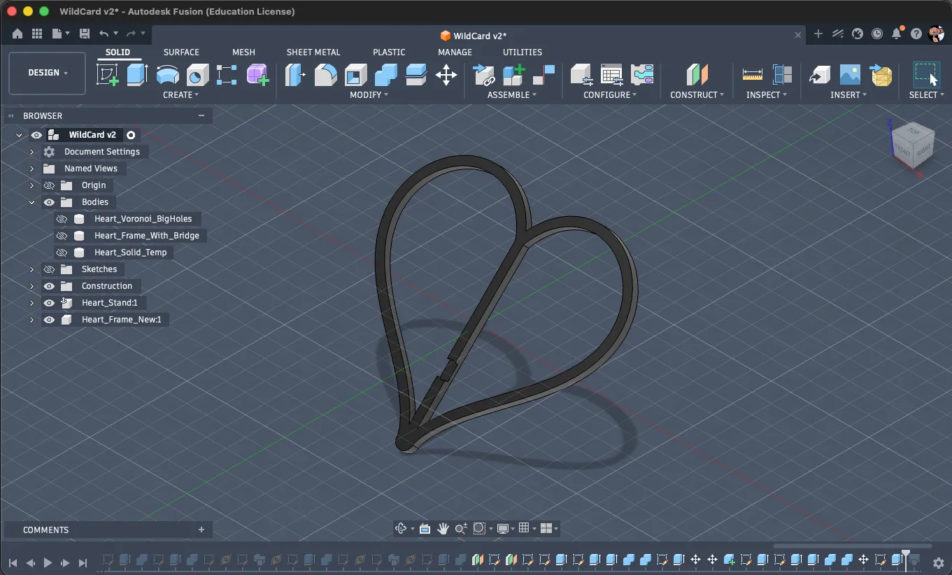 Fusion 360 design of the second wildcard heart model with side heart shapes and central support