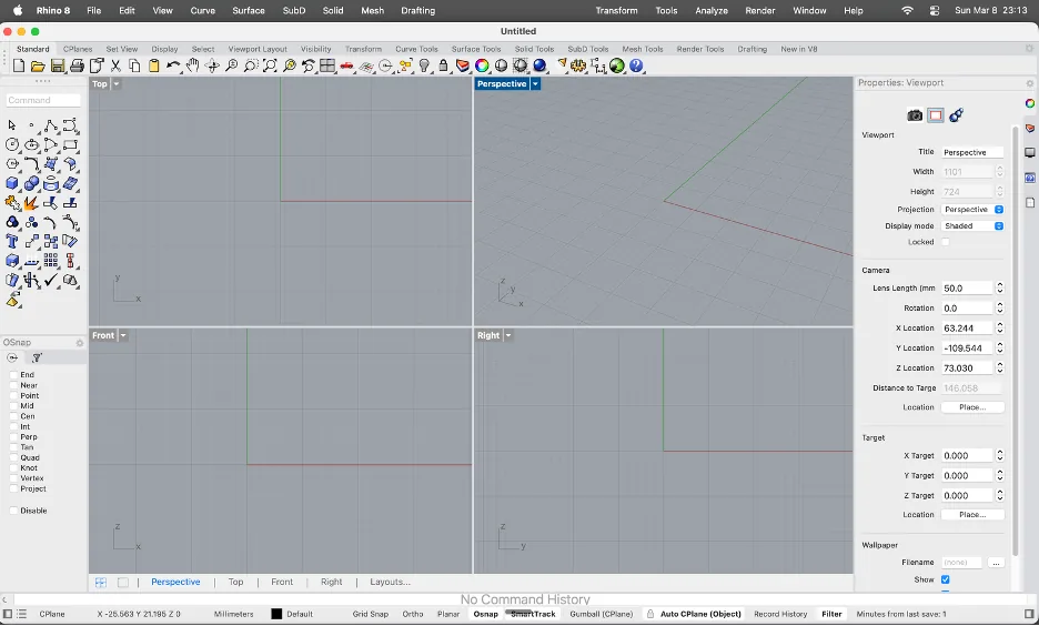 Rhino full interface overview with four viewports and tool panels