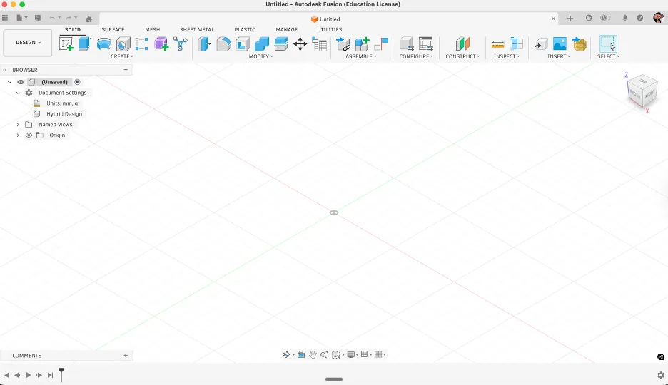 Fusion 360 interface overview with workspace, browser, viewport, and timeline