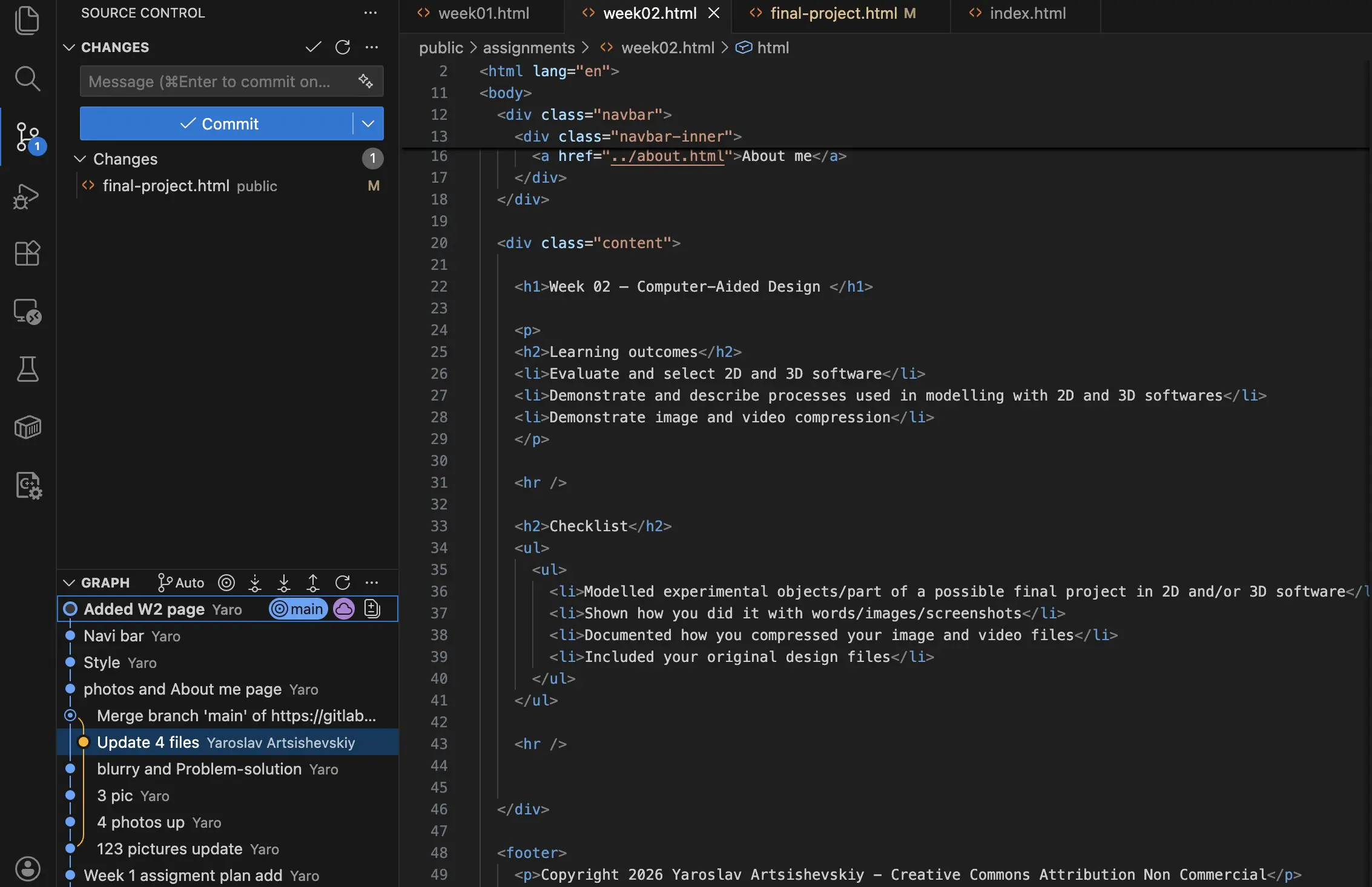 Week 2 website page in VS Code