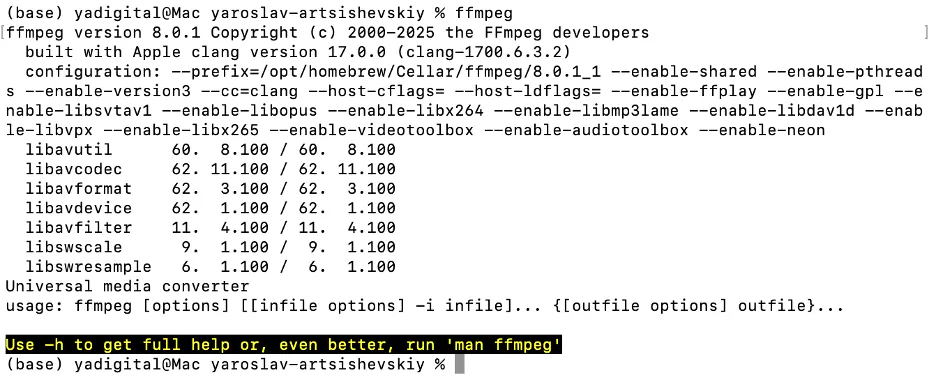 FFmpeg setup and initial terminal output