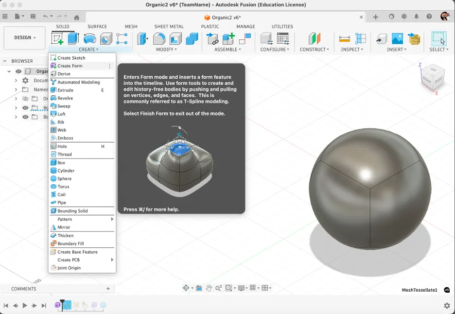 Fusion 360 Create Form base sphere