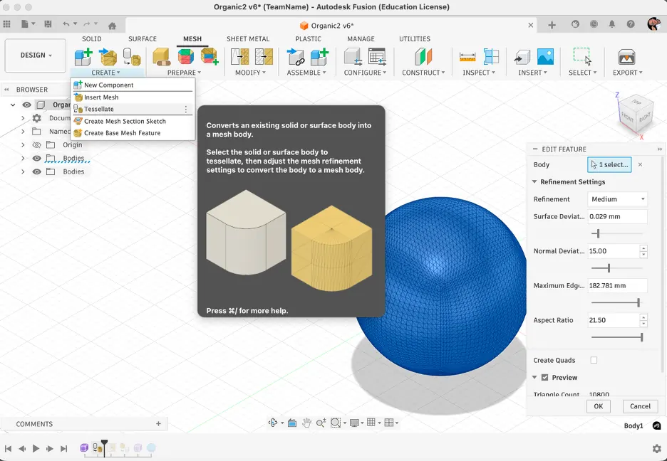 Fusion 360 convert solid body to mesh