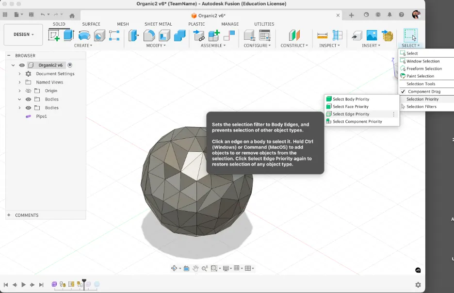 Fusion 360 selection priority set to edge