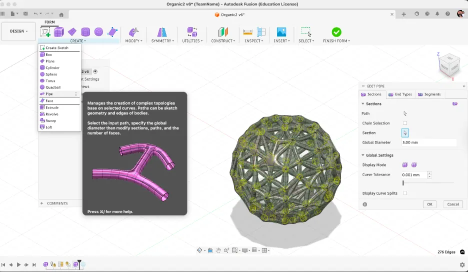 Fusion 360 pipe command on selected mesh edges