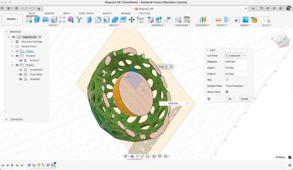 Fusion 360 section analysis of lattice sphere view 2