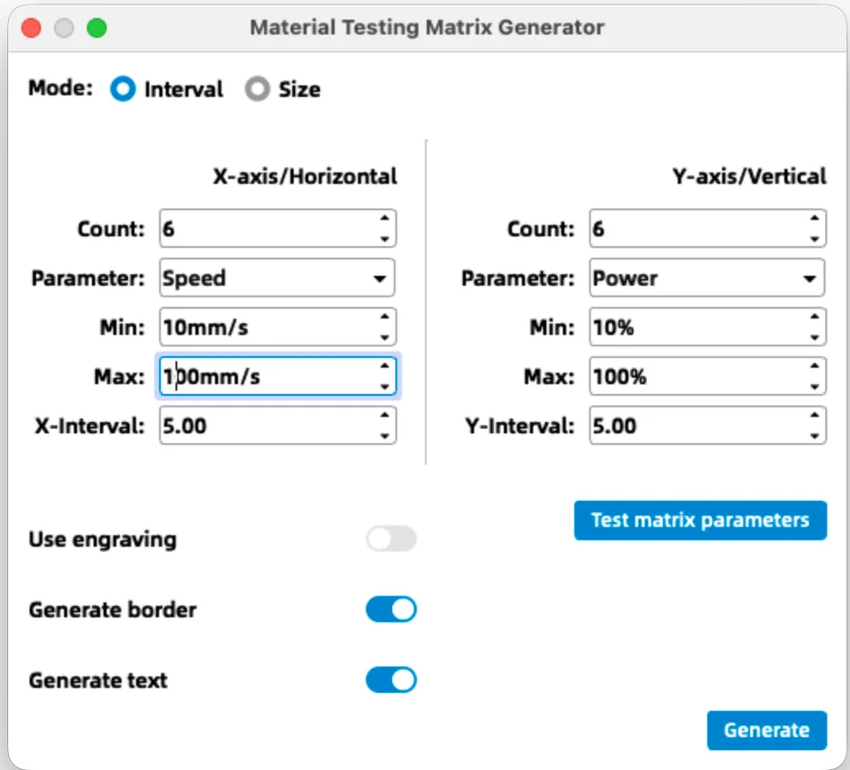 Laser Maker software template used to generate the speed and power test board