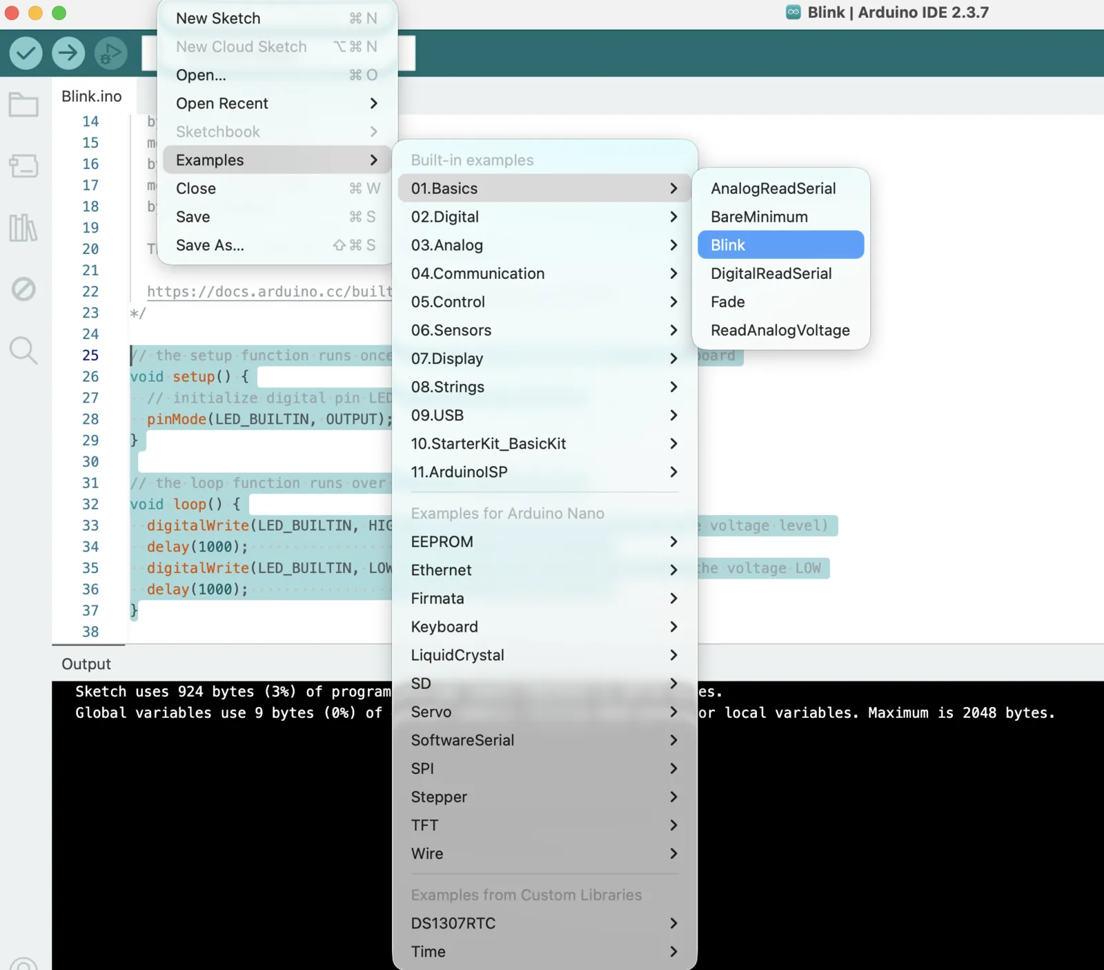 Arduino blink example in the IDE