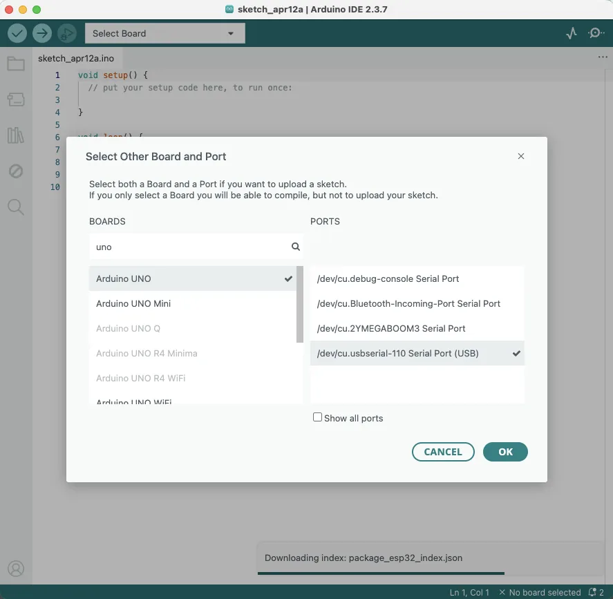 Arduino board and port selection