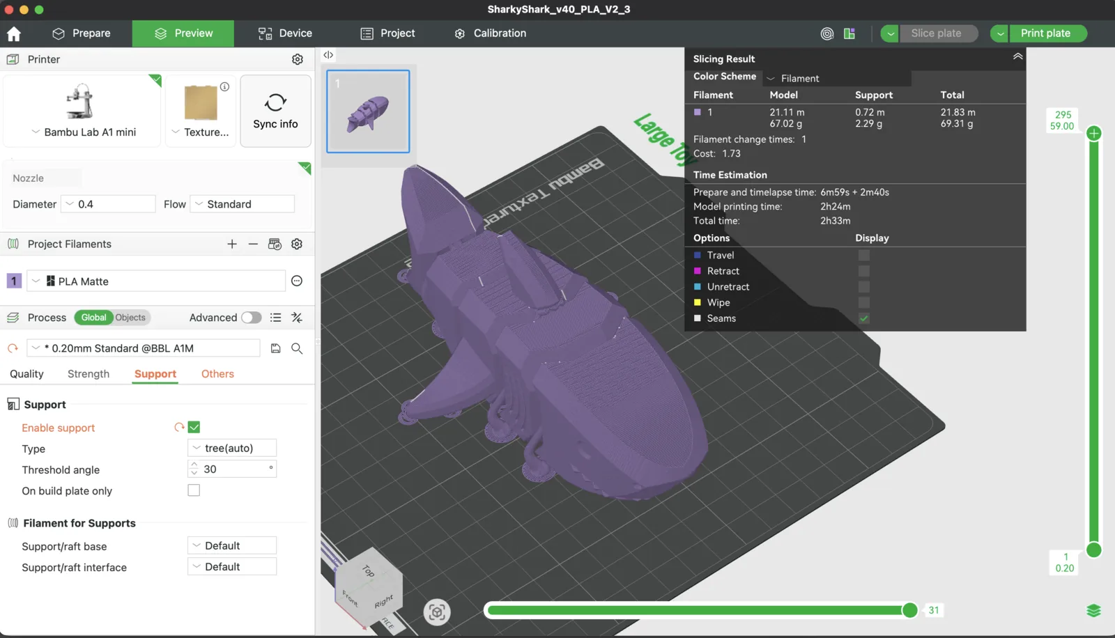 Bambu Studio preview with supports