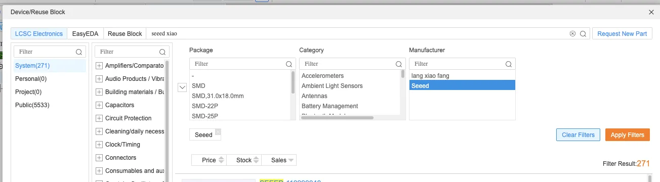 Searching XIAO components in EasyEDA