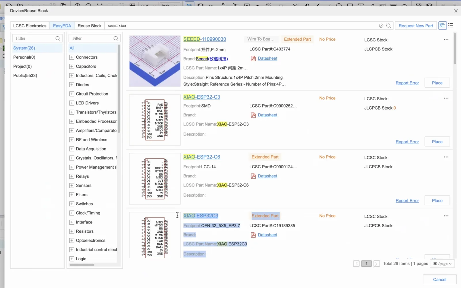 Selecting the correct XIAO part in EasyEDA
