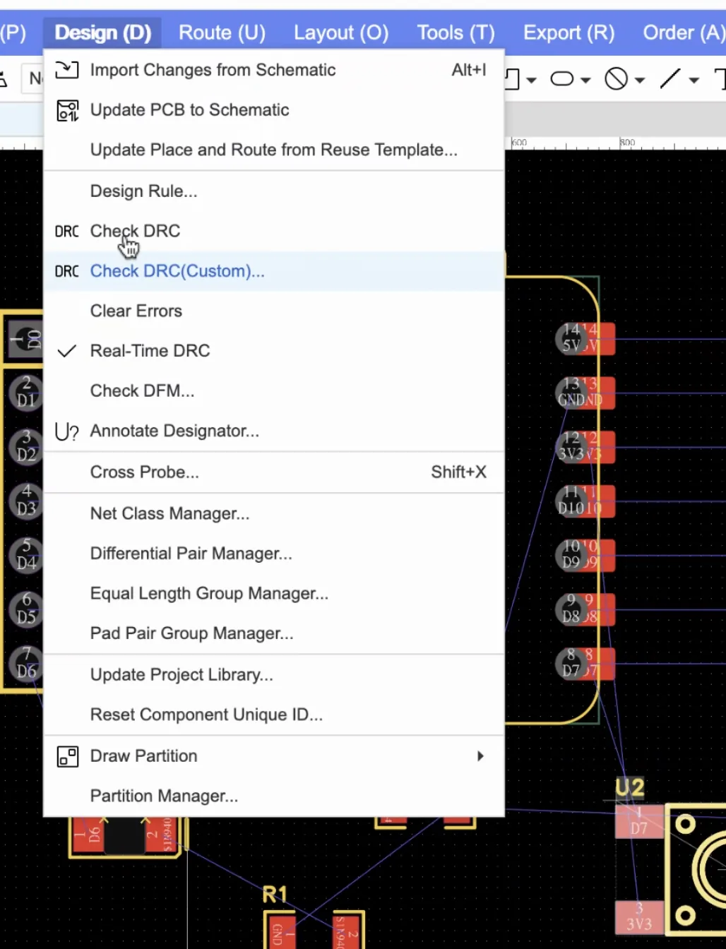 Opening design rules in EasyEDA