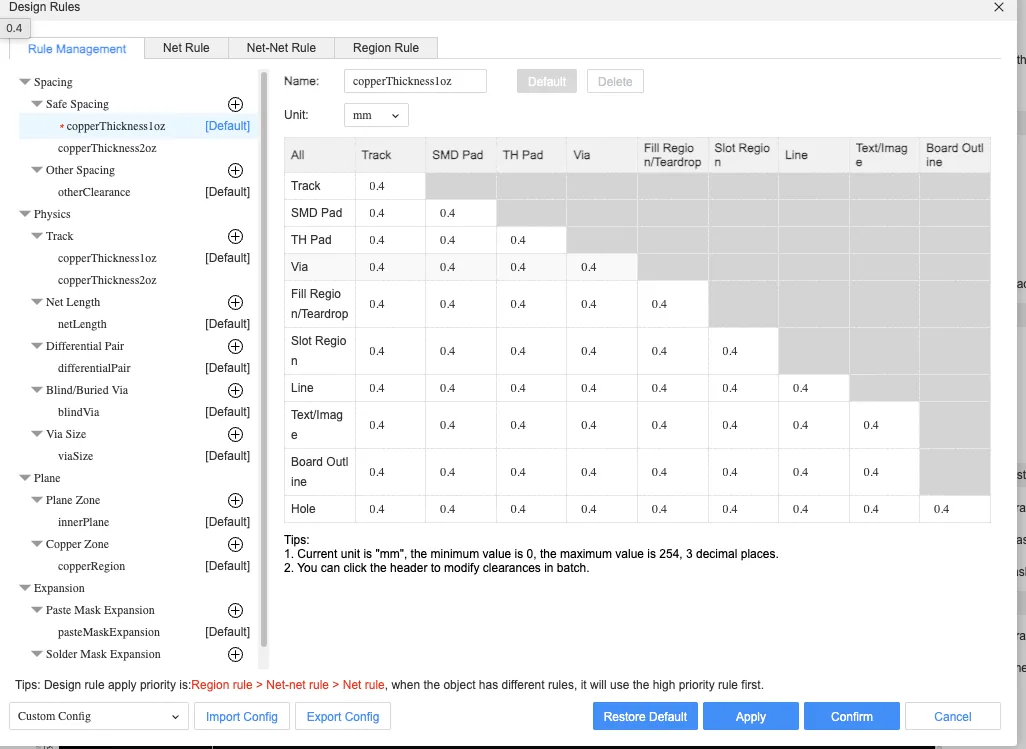 Applying 0.4 millimeter values across the rule set