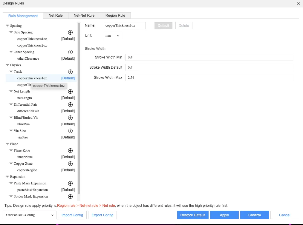 Track width settings in design rules