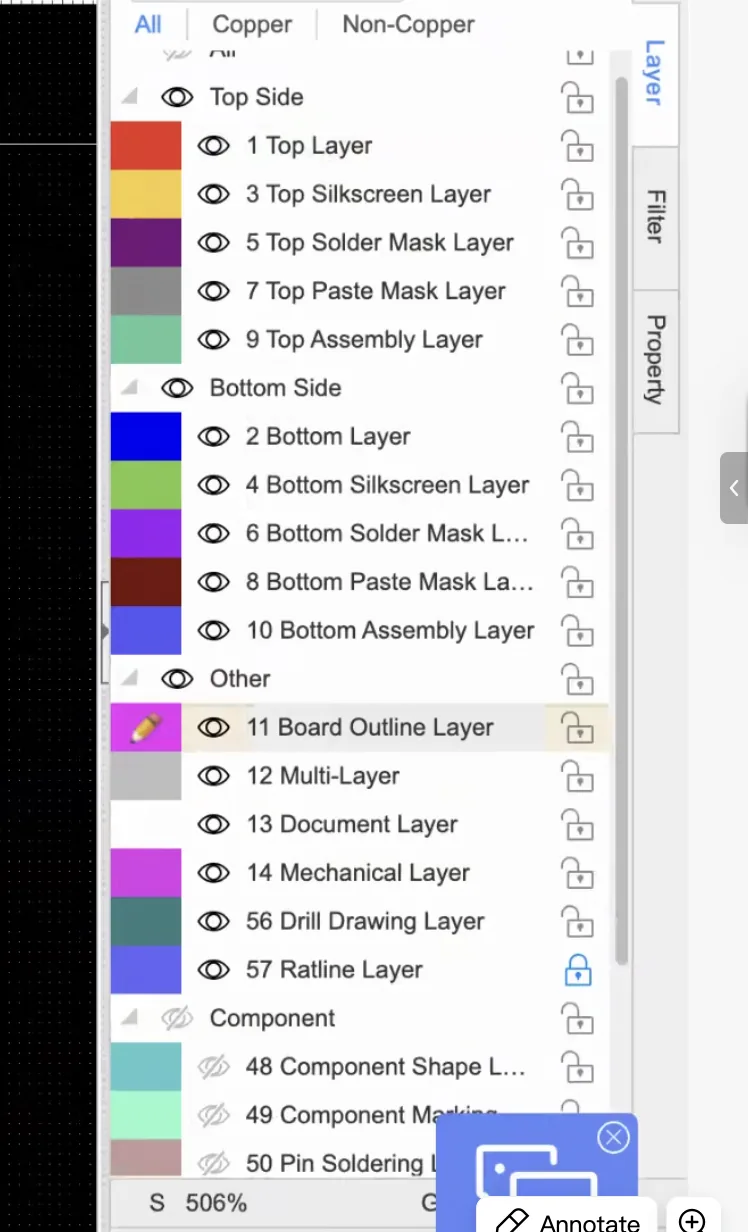 Top, bottom, and board outline layers