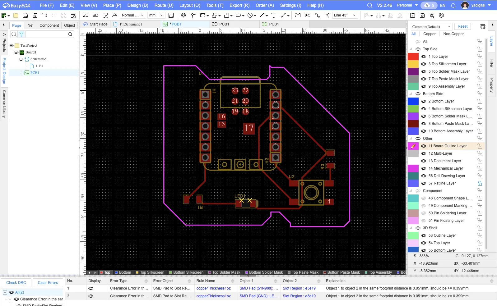 DRC result showing two LED-related issues