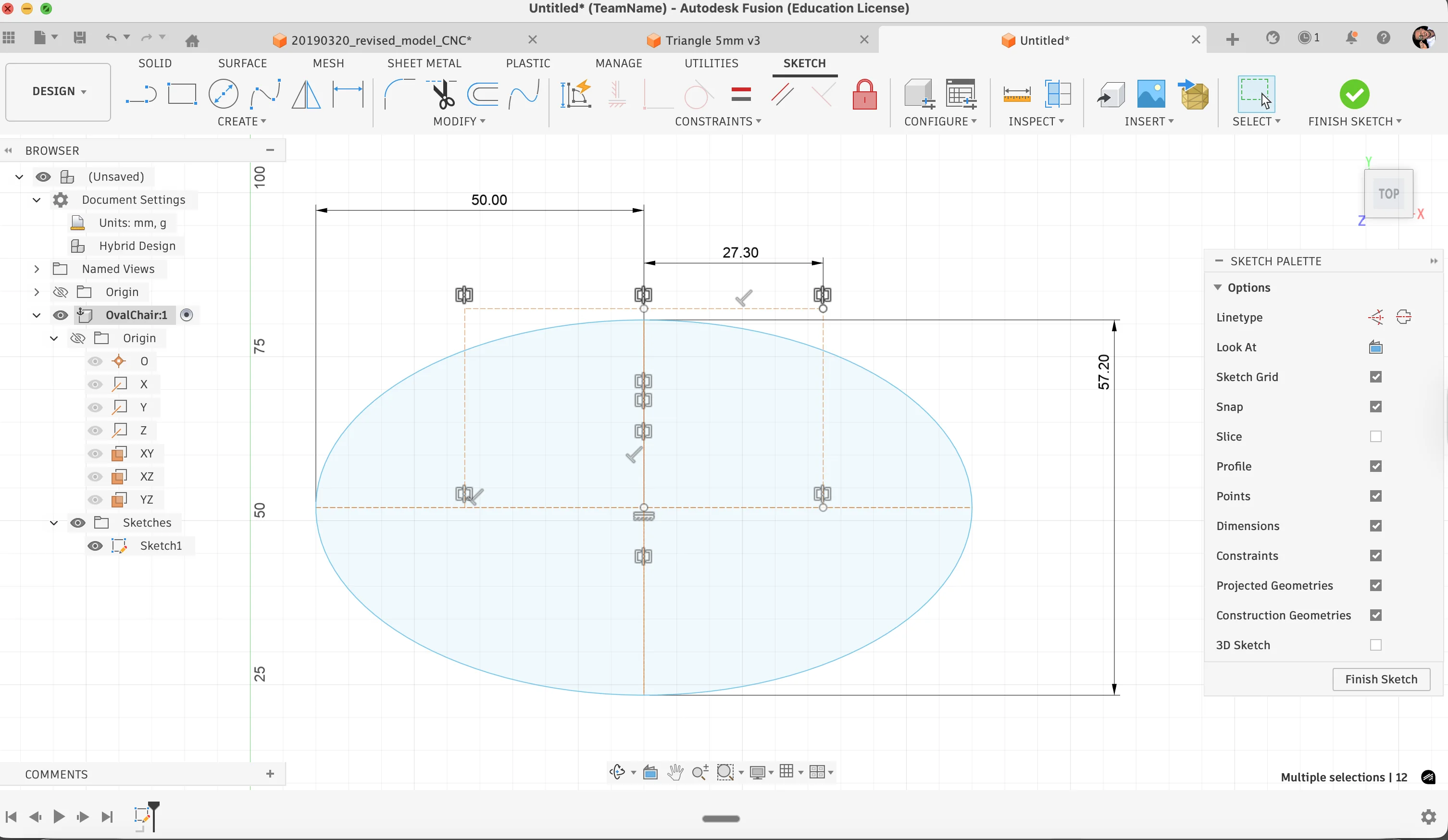 Fusion sketch setup with ellipse and center construction lines