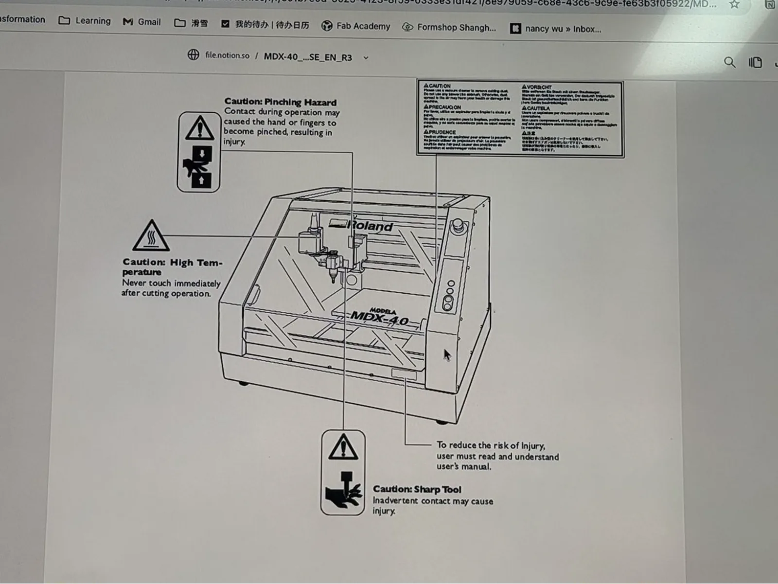 Roland MDX-40A user manual – overview diagram and safety warnings (pinching hazard, high temperature, sharp tool)