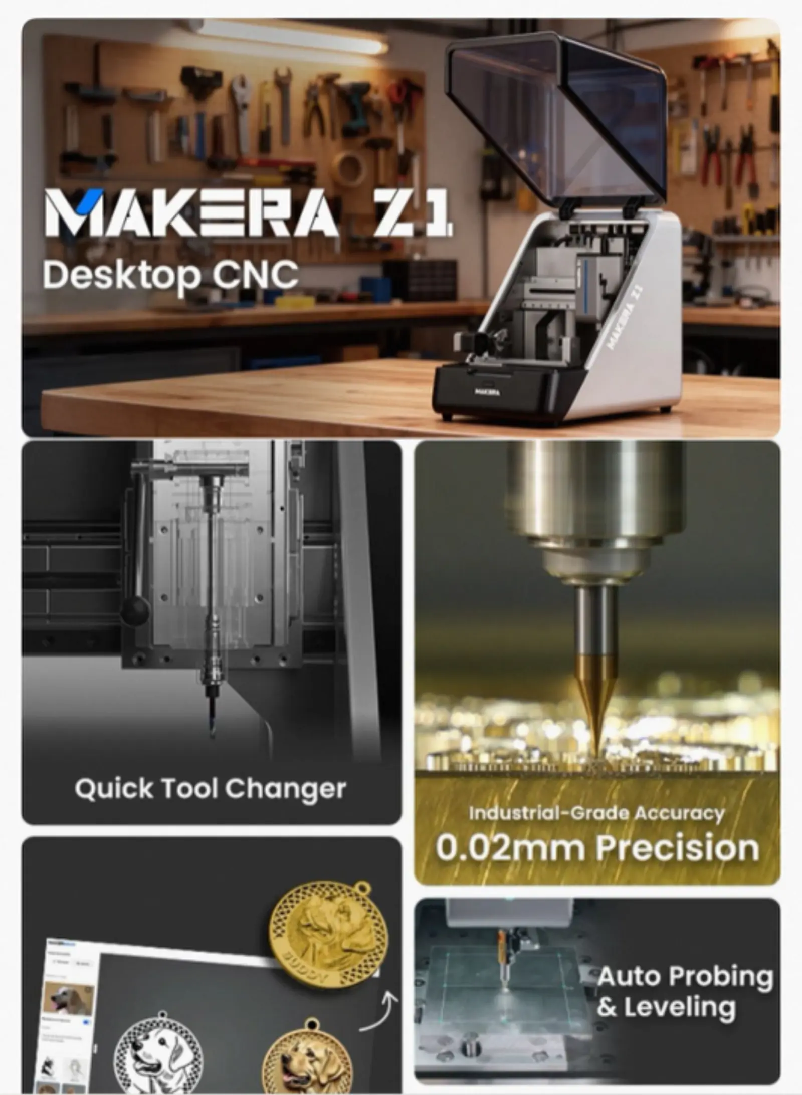 Makera Z1 Desktop CNC – a modern alternative offering quick tool changer, auto probing, and 0.02 mm accuracy