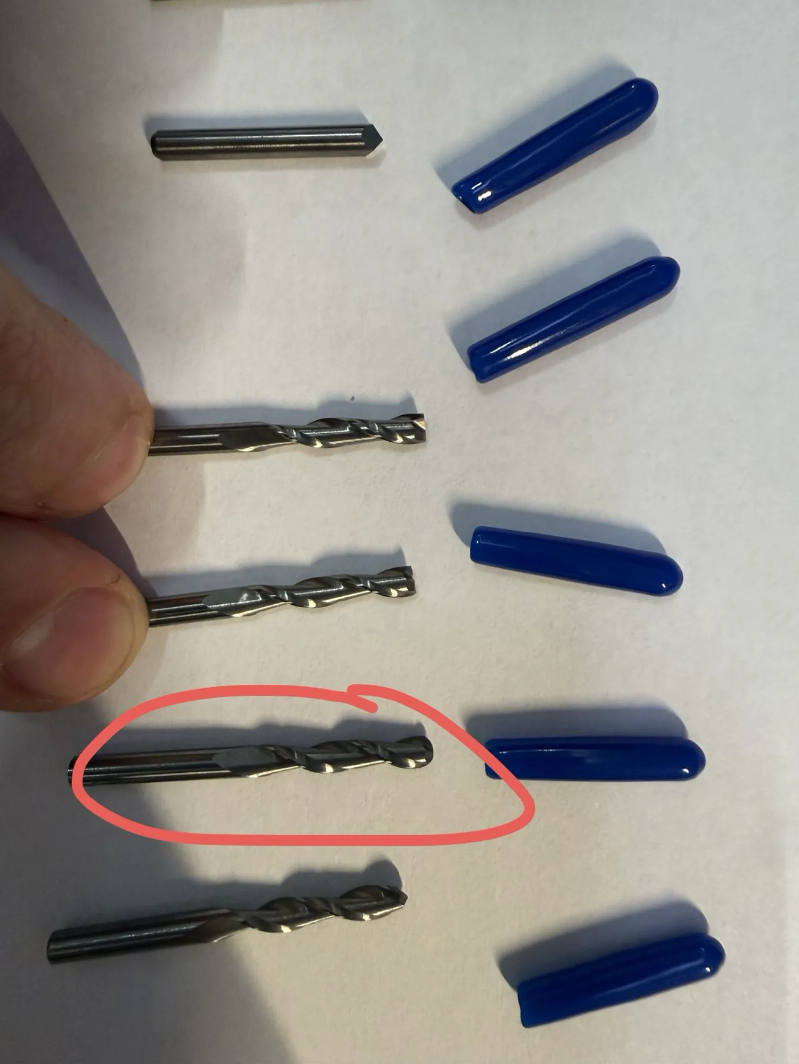 End mills laid out – the circled end mill is the selected profile cutter for the board outline cut