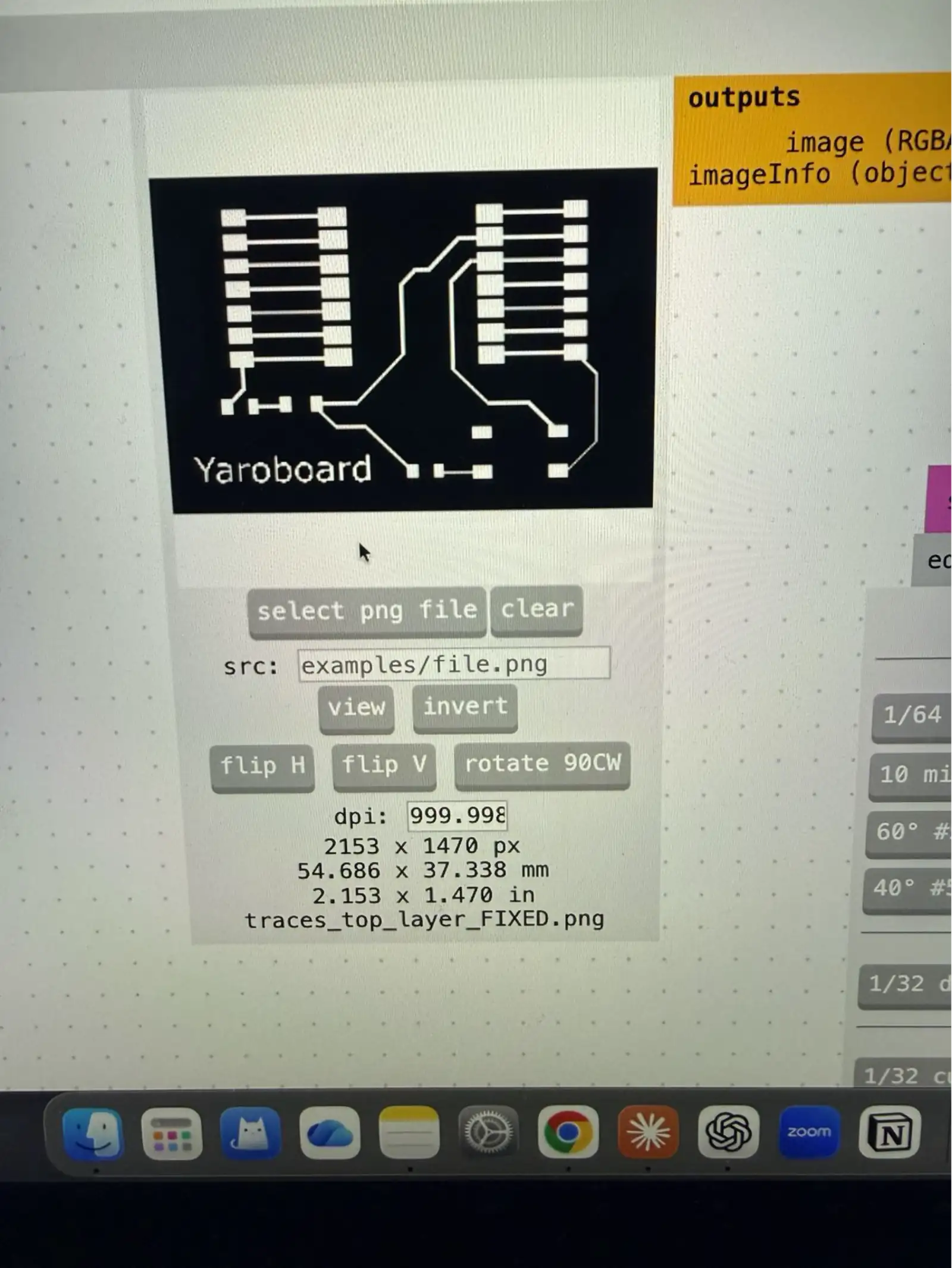 Mods software loading the Yaroboard trace PNG – showing 999 DPI resolution and 54.7 × 37.3 mm board dimensions
