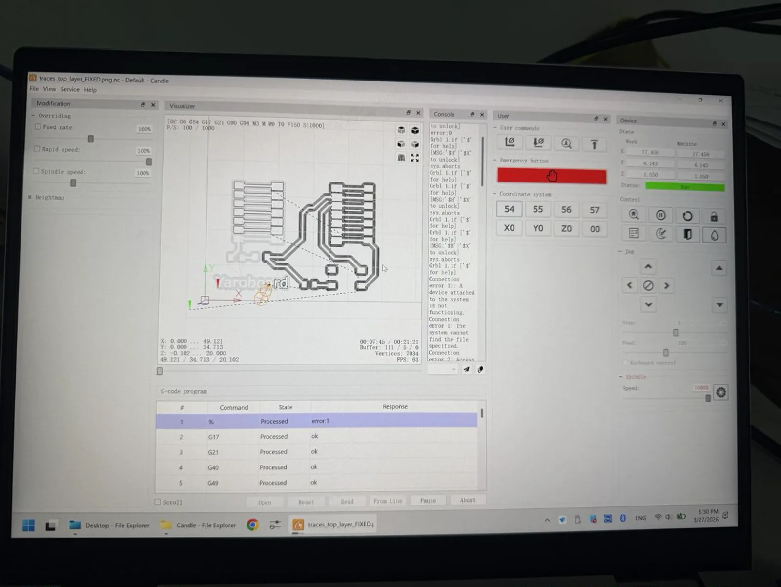 Candle (GRBL sender software) showing the PCB toolpath loaded and visualised – ready to send to the machine