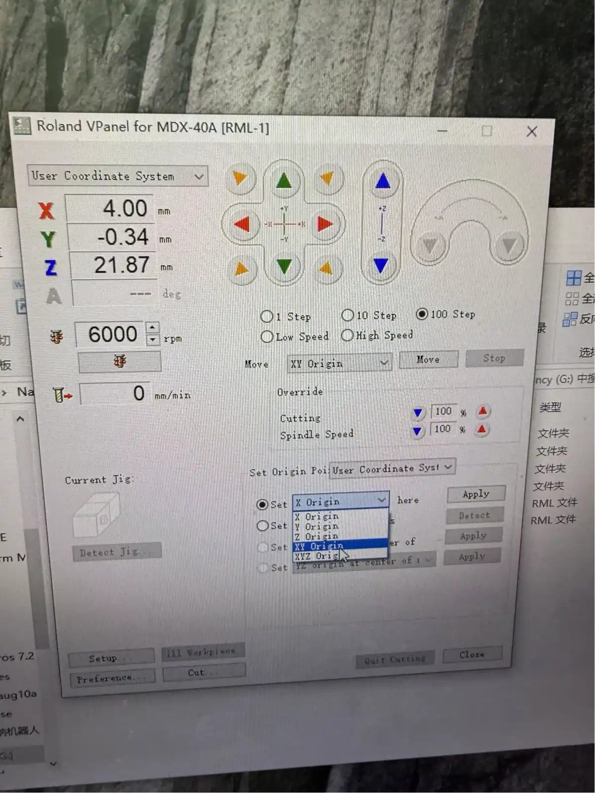 Roland VPanel showing current position: X=4.00 mm, Y=−0.34 mm, Z=21.87 mm, spindle at 6000 RPM – before zeroing