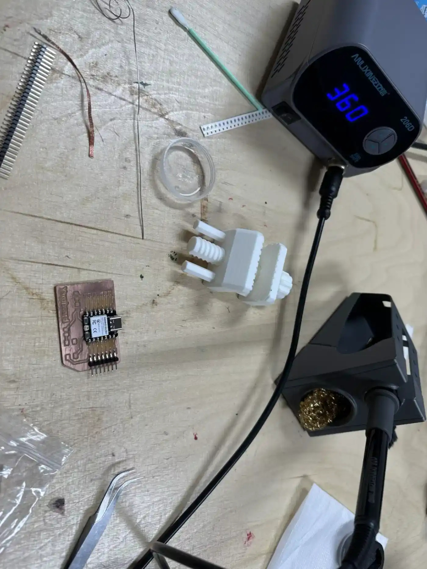Soldering station set to 360°C, the Yaroboard in position alongside the XIAO ESP32 C3 module and components