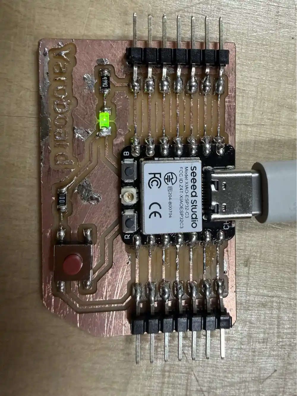 Final view of the Yaroboard showing clean solder joints across all pin headers and the XIAO ESP32 C3 module
