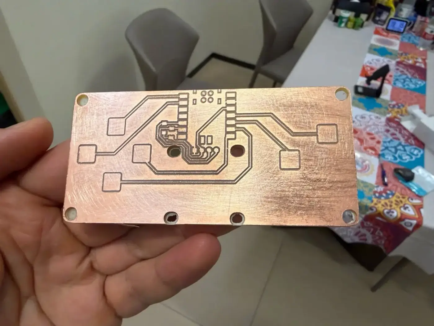 QPad PCB after milling with clean copper traces