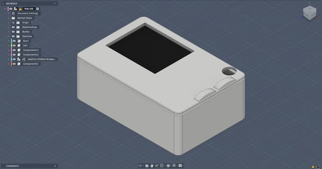 CAD v1 — exterior shell render with screen cutout and encoder pocket