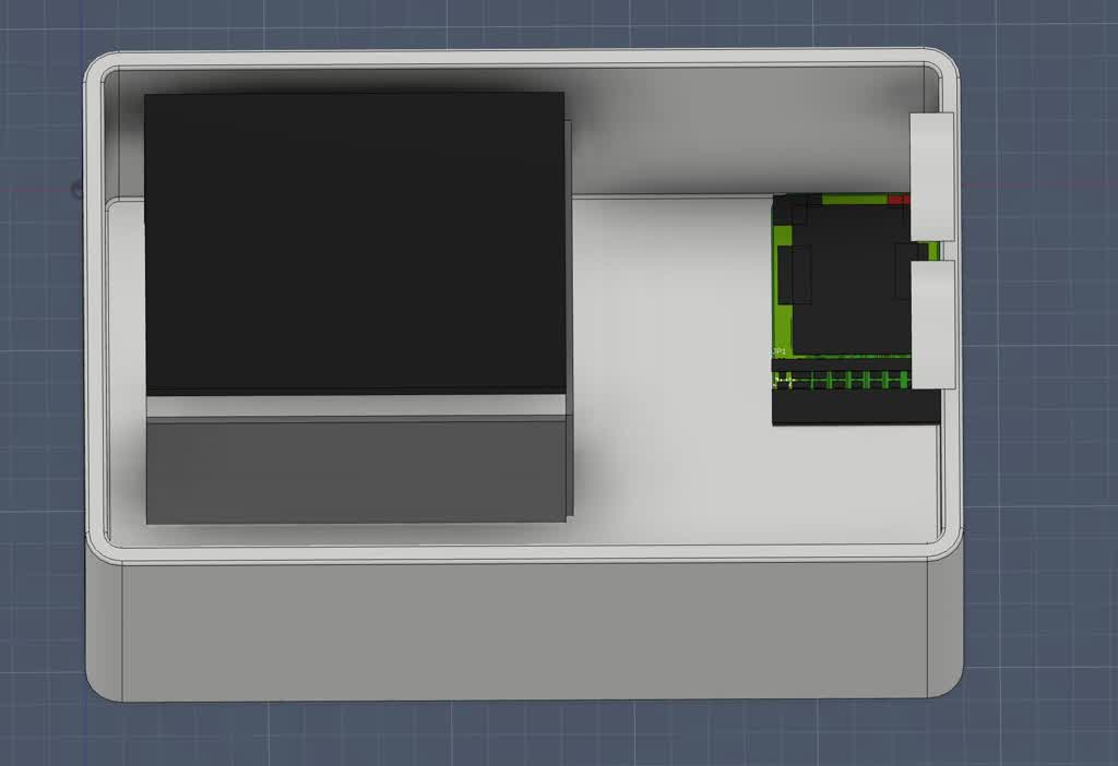 CAD v1 — internal view showing PCB bay, battery space, and cable routing