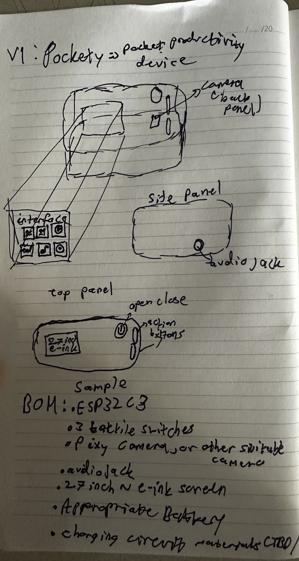 First paper sketch — pocket e-ink layout with encoder and button placement