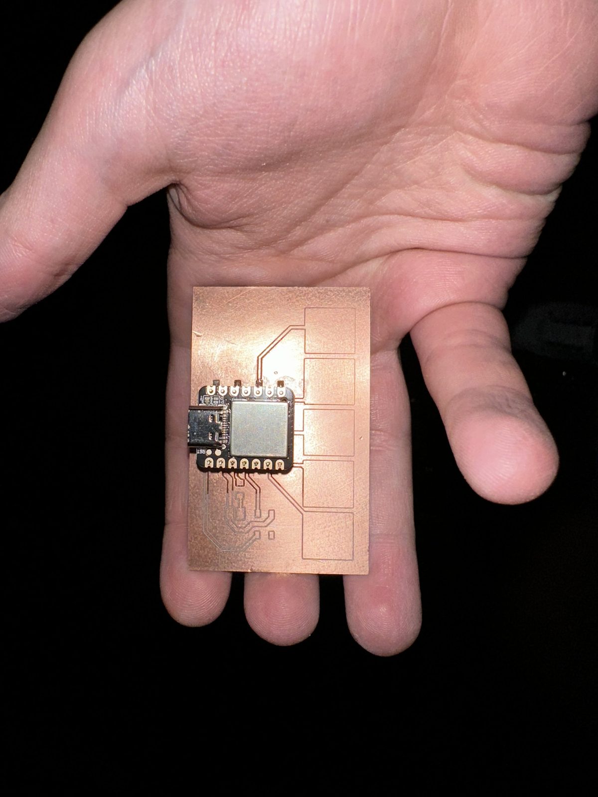 ChordBoard copper PCB — five touch pads, dual switches, and XIAO footprint